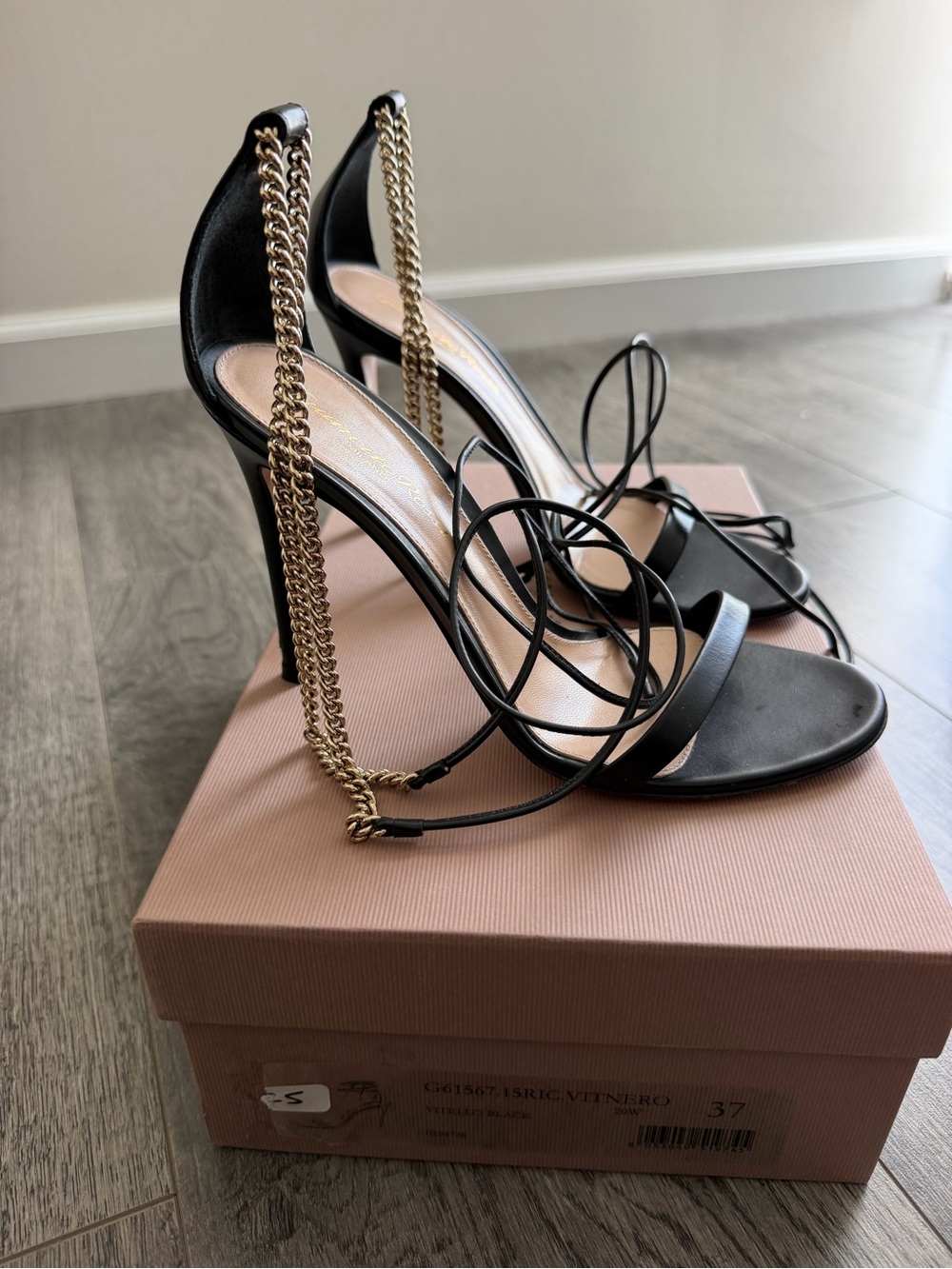 Gianvito Rossi Black Leather Gold Chain Lace-Up Stiletto Sandals – Size 37